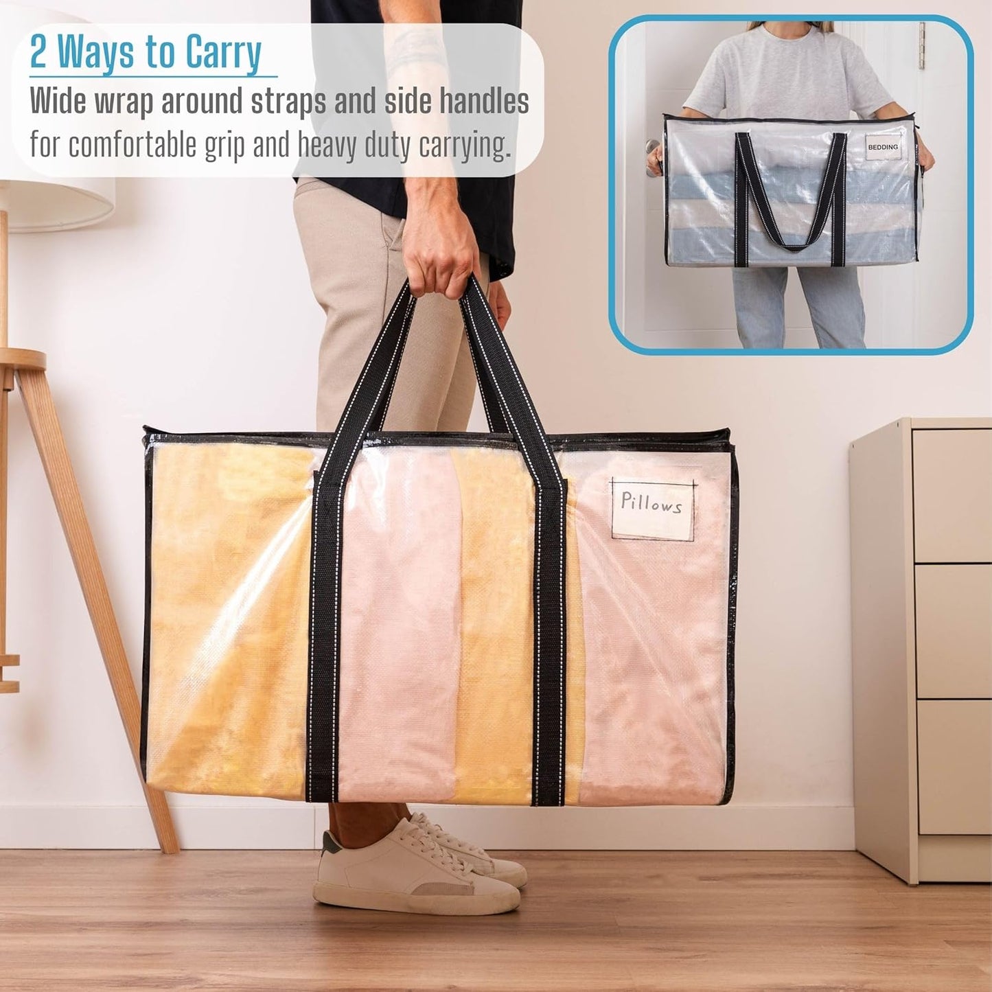 VENO 8 Pack Moving Bags, Heavy Duty Totes with Lids, College Packing Storage Boxes, Extra Large, Sturdy Handles, Zipper