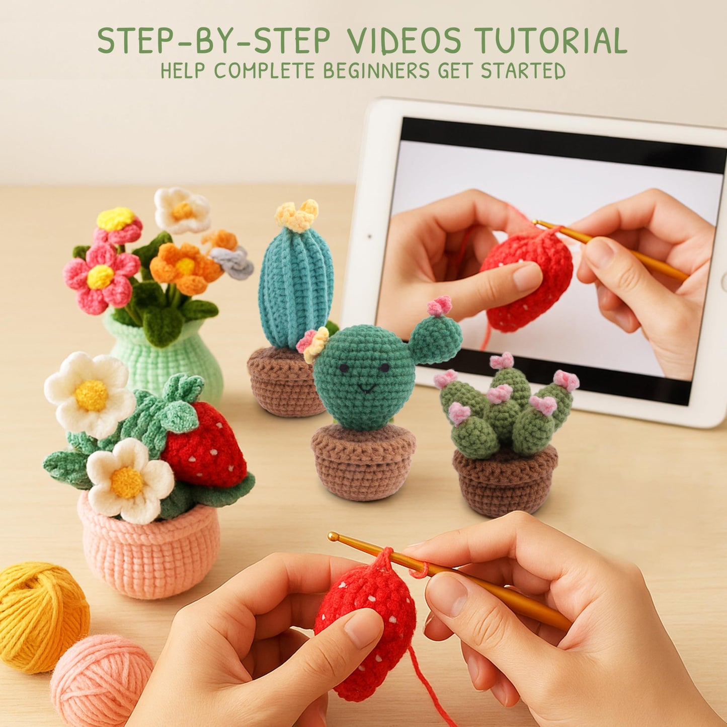 HOUSE CREATIVITY Crochet Kit for Beginners, Make 5 Hanging Potted Crochet Plants, Amigurumi Kit with Video Tutorial, Yarn, Hook & Pots, Cozy Stress Relief Gift for Adults, Cute Desk & Office Decor