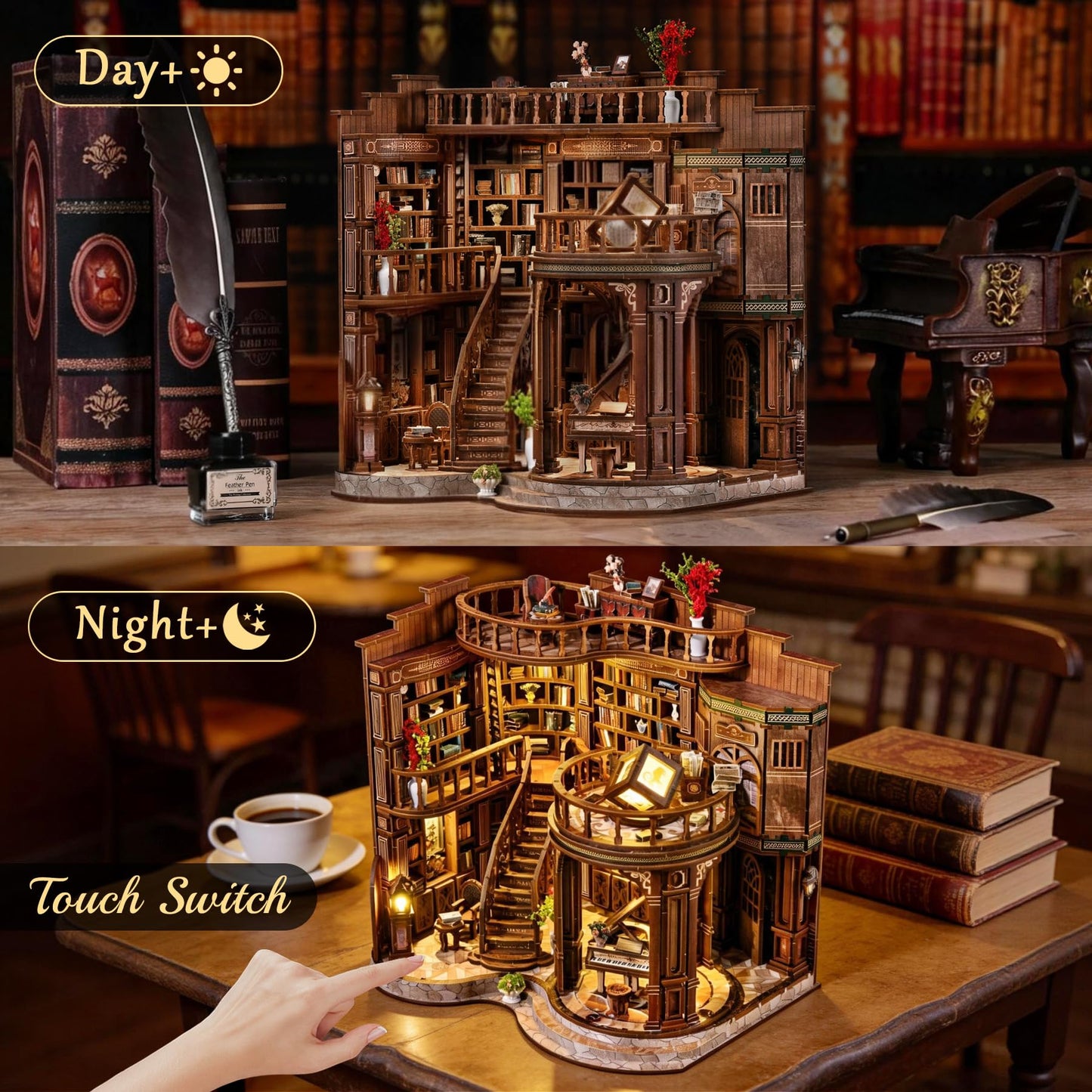 SUNNINO Book Nook Kits for Adults, DIY Miniature Dollhouse Kit 3D Wooden Puzzles for Adults and Beginners with Led Light, Book Nook Bookshelf Decor Craft Gifts for Family Friends (Dreamy Book Hall)