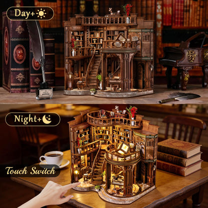 SUNNINO Book Nook Kits for Adults, DIY Miniature Dollhouse Kit 3D Wooden Puzzles for Adults and Beginners with Led Light, Book Nook Bookshelf Decor Craft Gifts for Family Friends (Dreamy Book Hall)