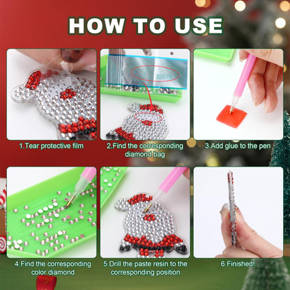 MUNORIAY 17 Pieces Double Sided Diamond Art Christmas Ornaments Christmas Keychains Diamond Art Kit for Adult DIY 5d Painting Round Drill Key Chain Xmas Crystal Arts Craft Keychain Supplies