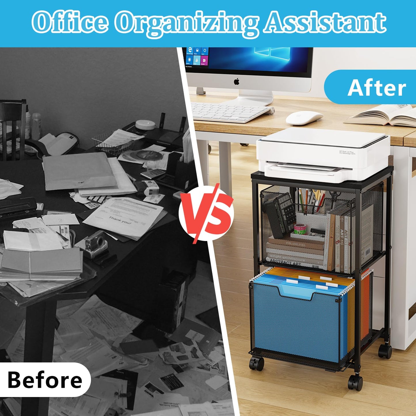 Sbanmao Rolling File Cart with 2 Storage Drawers, Mobile File Cabinet with Wheels, Hanging File Folder Organizer, Under Desk Storage, Printer Stand Utility Cart Filing Cabinet for Home Office,Black