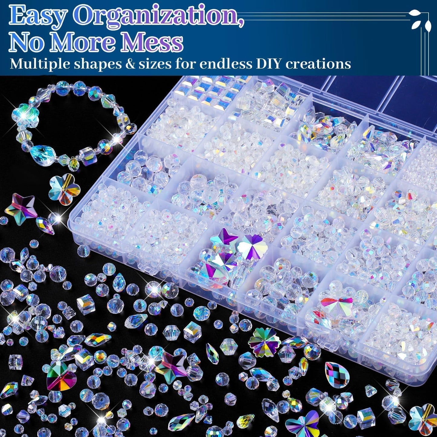2836 Pcs Glass Beads for Jewelry Making – High Shine, Faceted Cut Design Crystal Beads, Crystal Beads with Loose Beads, DIY Bracelet Necklace Earring Craft Kit with Organizer Box, AB Color