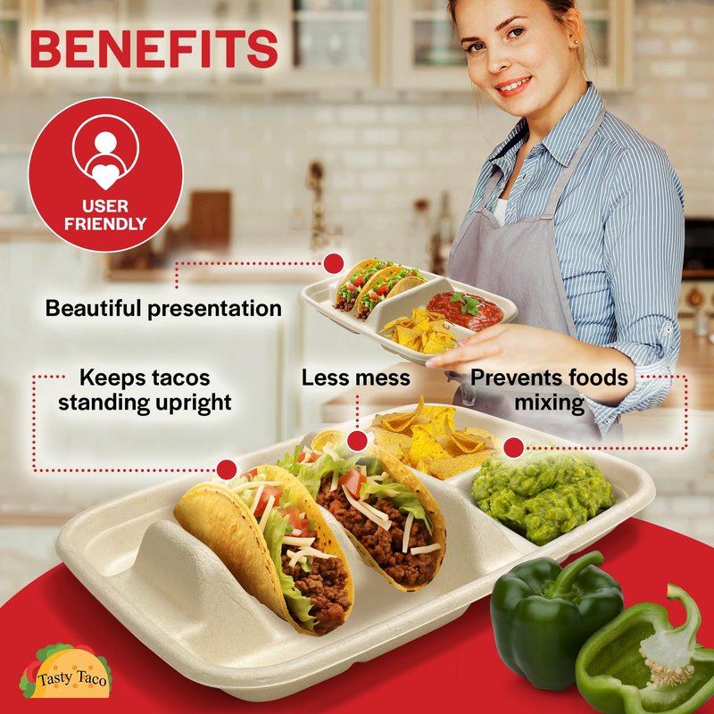 Disposable Taco Plates for 2 Tacos & 2 Sides – 25 PACK | Premium Paper Plates with Dividers, Fiesta Taco Holder, Taco Stand for Taco Tuesday & Taco Bar Serving Set Taco Plates (25 Plates) (Beige)
