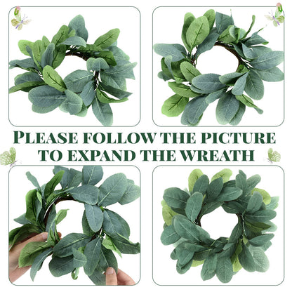 Panelee 20 Pcs Candle Rings Artificial Eucalyptus Candle Wreath Rings Greenery Leaves Boho Candles Garland Pillar for Wedding(Cute Leaf Style)