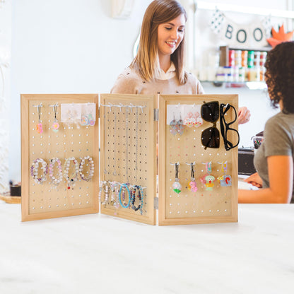 humberboat Wooden Foldable and Portable 3-Panel Pegboard Jewelry Display Organizer with 24 Removable White Metal Hooks for Bracelets, Earrings and Keychains, Versatile Countertop Rack for Store