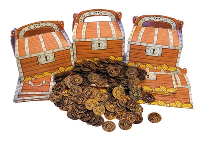 GRANITE MOUNTAIN PRODUCTS Treasure Chest Treat Boxes For Gold Coins, Candy | Pirate Party Supplies | 12 Treasure Chest Party Favor Box & 144 Gold Coins | Halloween Costume Accessory | Pinata Filler