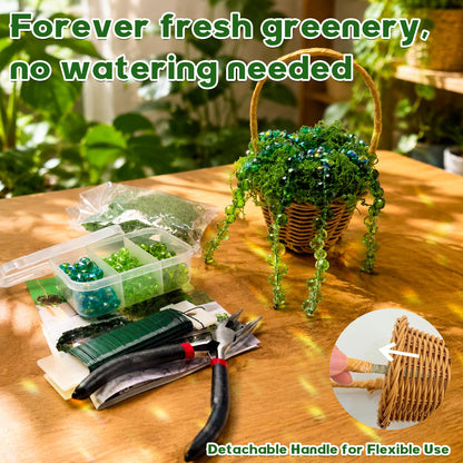 GUJYUYIF Beaded Plant Kit Green Glass Beads for Plant Making with Rattan Basket, Hanging Suncatchers Beading Kit for Jewelry Making DIY Craft Kit Plants