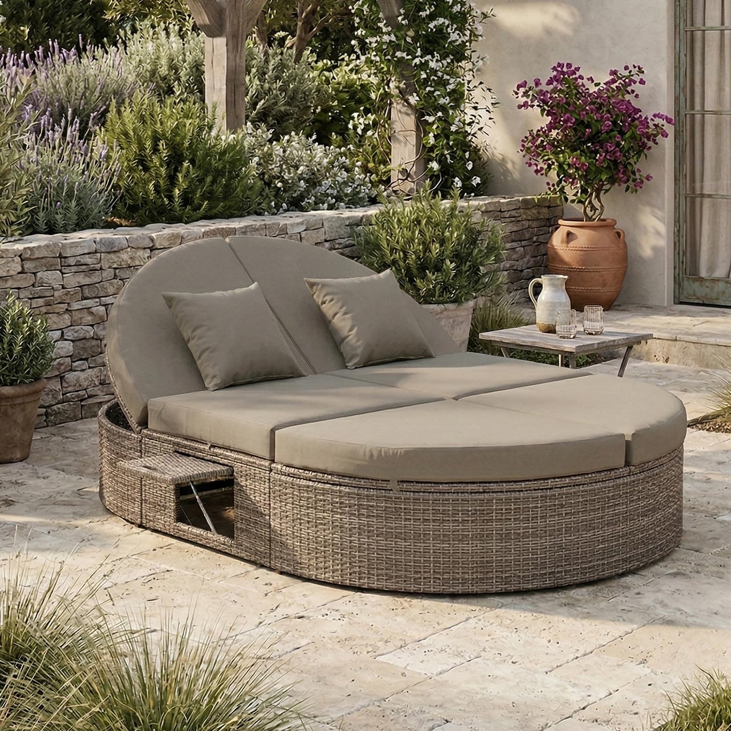 SoarFlash Outdoor Sun Bed Patio 2-Person Daybed, Rattan Sun Day Sofa Bed Reclining Lounger with Adjustable Backrests, Foldable Cup Trays for Lawn Poolside Deck Backyard (Grey)