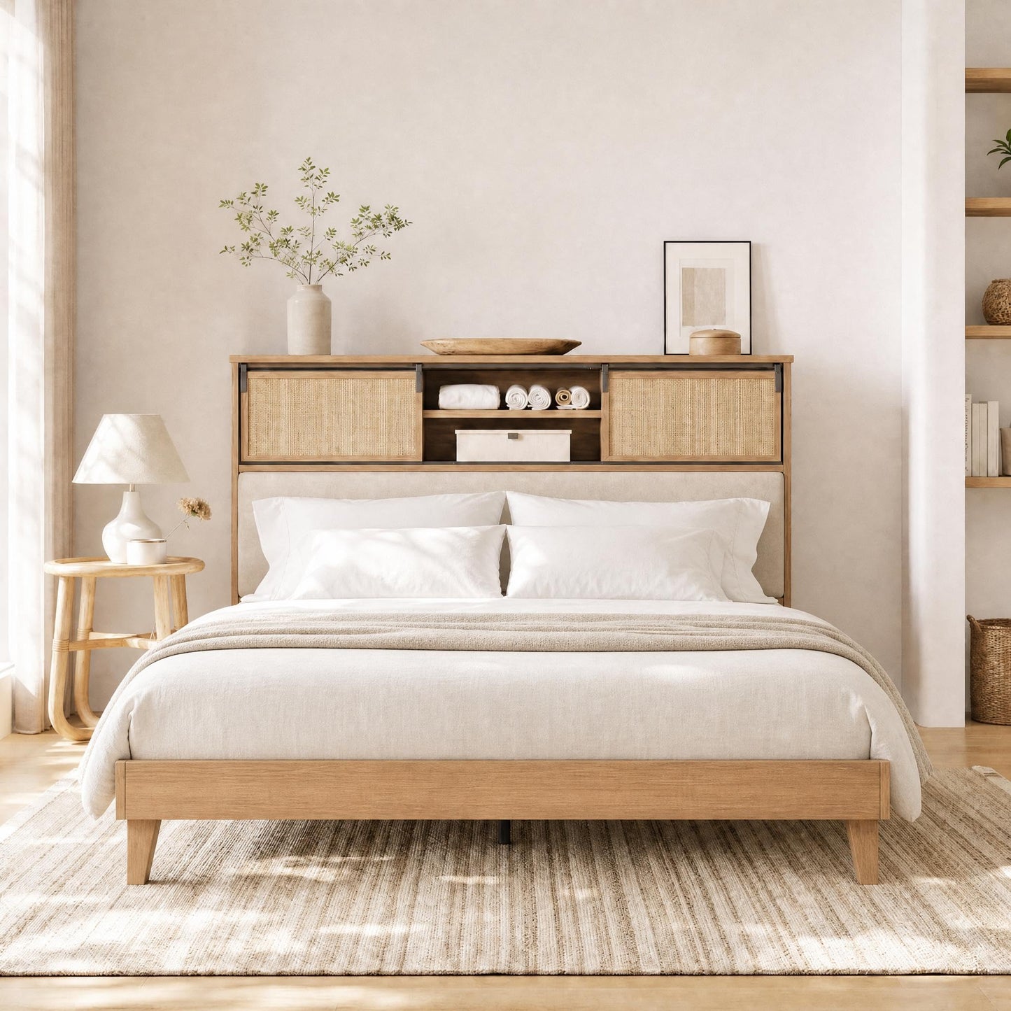 GarveeHome Full Size Solid Wood Bed Frame with Storage Shelves, Rattan Upholstered Bookcase Headboard with Sliding Doors & Adjustable Shelf, No Bos Spring Needed, Natural Solid Wood
