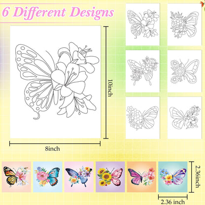 Dinifee 6 Pack Pre Drawn Canvas for Painting Pre Printed Canvas Kit 8 x 10 Inch Stretched Cotton Paint and Sip Set for Adults Couple Party Valentine Date Night(Butterfly)