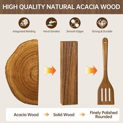 FYCTIO Wooden Utensil Set 8 PCS - Natural Non-Toxic Acacia Wooden Spoons for Cooking, Nonstick, Sturdy,Easy to Clean, Wood Kitchen Utensils Set with Holder, Spoon Rest, Ideal for Gifting