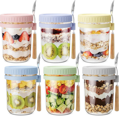 16oz 6 Pack HomArtist Overnight Oats Containers with Lids and Spoons, Wide Mouth Mason Jars with Airtight Lids