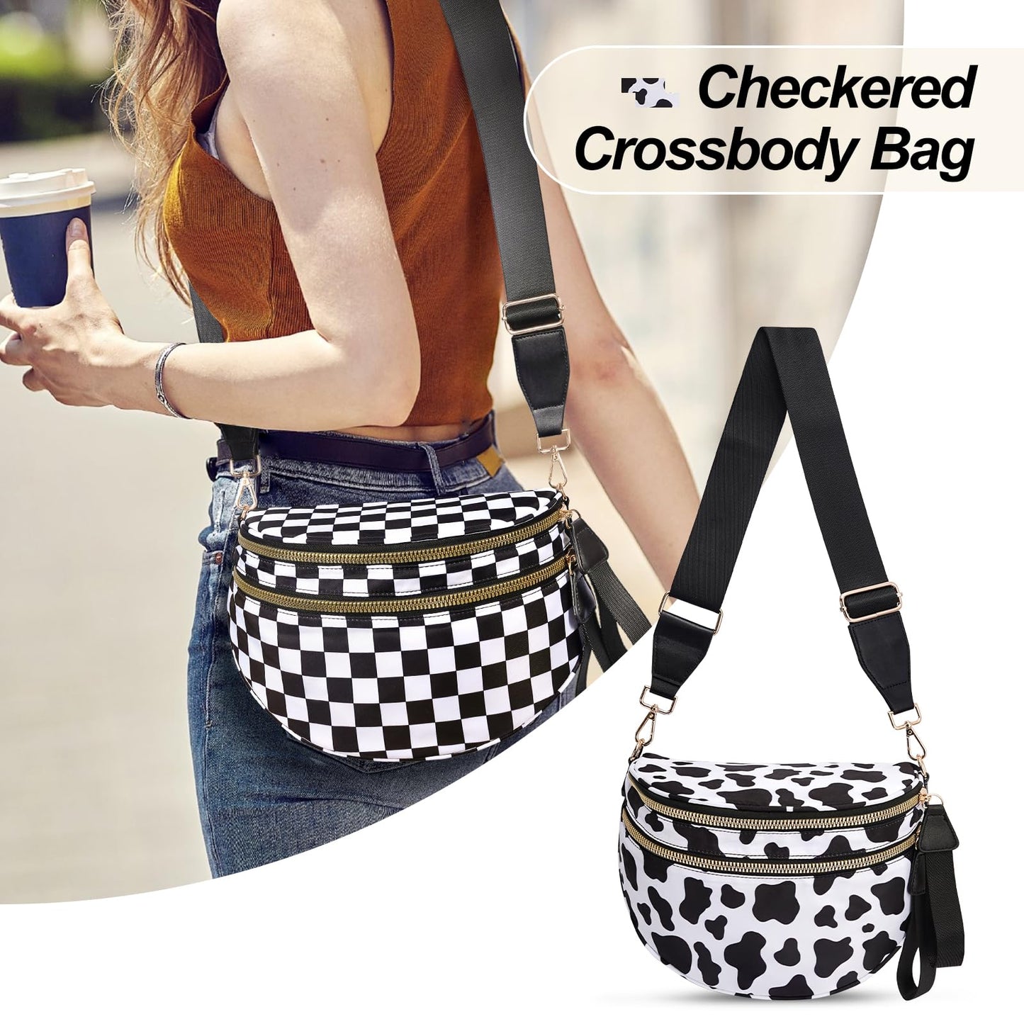 Checkered Crossbody Bag,Nylon Bum Bags for Women Crossbody,Spacious Sling Bag Purse Fanny Packs with Shoulder Strap