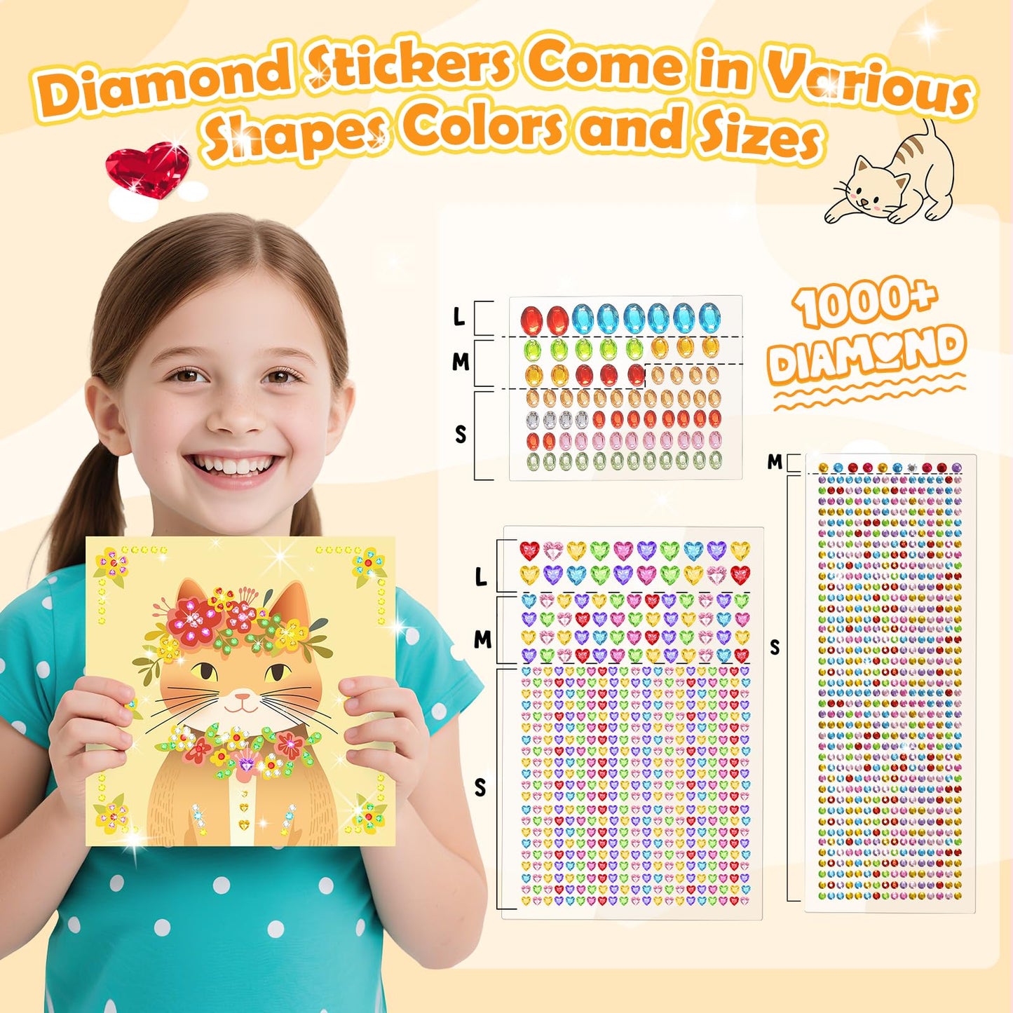 Gem Art Sticker Kit, Arts and Crafts for Kids Age 4-12, 8 Cat Themes Diamond Art Kit, Gemstone Sticker Crafts Christmas Birthday Gifts for Girls Ages 4,5,6,7,8 Year Old (Cat)