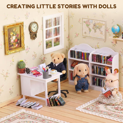 1:12 Scale Mini Desk Set with 100 Mini Books & 2 Bookshelves — Miniature Dollhouse Furniture Set with Office Chair, Computer & 15+ Accessories — Mini Desk Accessories for Doll House Diorama