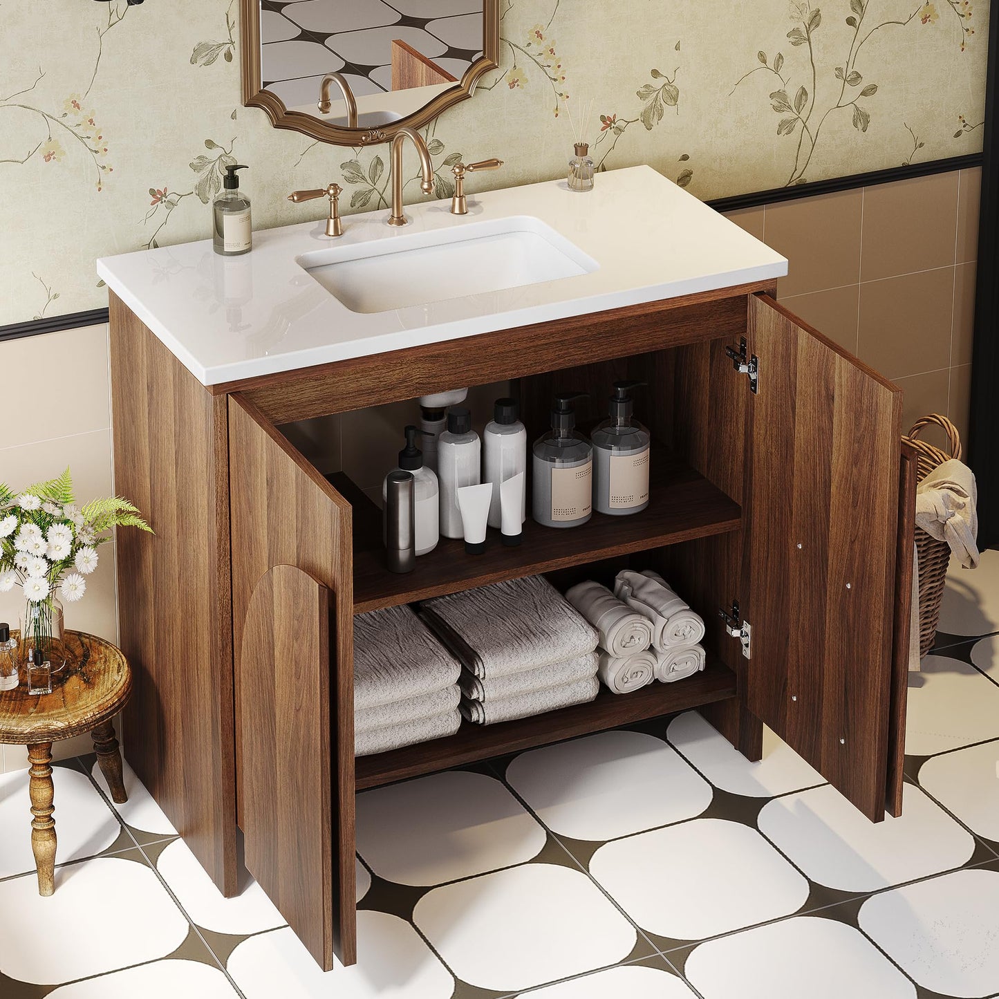 YITAHOME 36 Inch Arched Door Bathroom Vanity with Sink, White Artificial Stone Countertop, Undermount Ceramic Basin, Soft Close Hinge, Adjustable Shelf, Single Drain, Bathroom Vanities Cabinet
