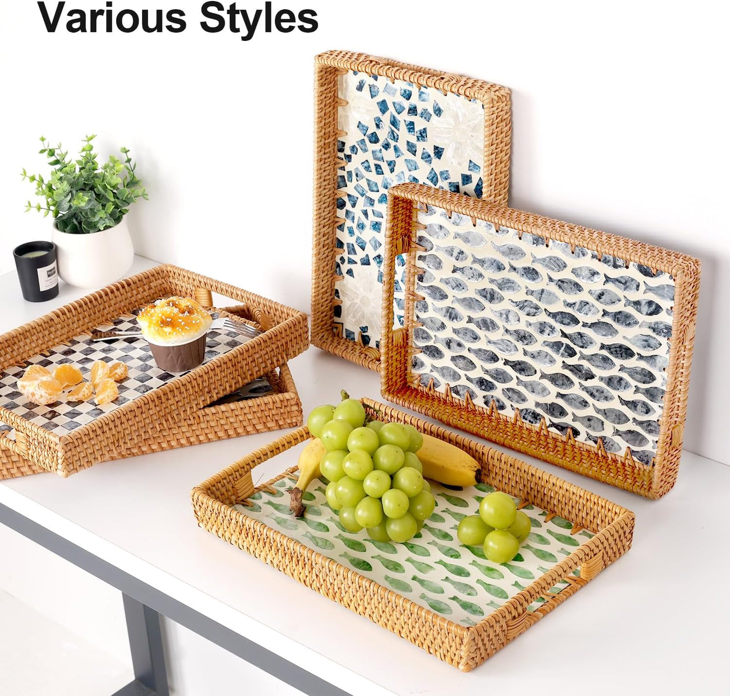 13"9") Rectangle Rattan Tray with Mother of Pearl Inlay, Rattan Serving Tray with Handle for Coffee, Bread, Fruits