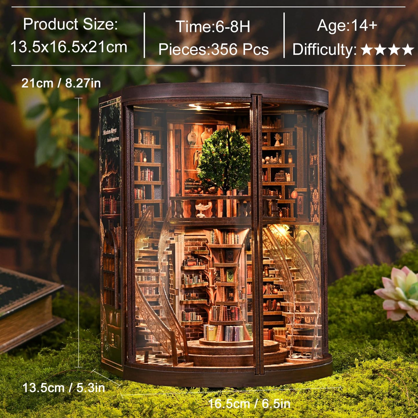 DIY Book Nook Kit with LED Light, Miniature Dollhouse, 3D Wooden Puzzle, Bookshelf Insert Decor Craft Gift (Wisdom Rings Book Repository)