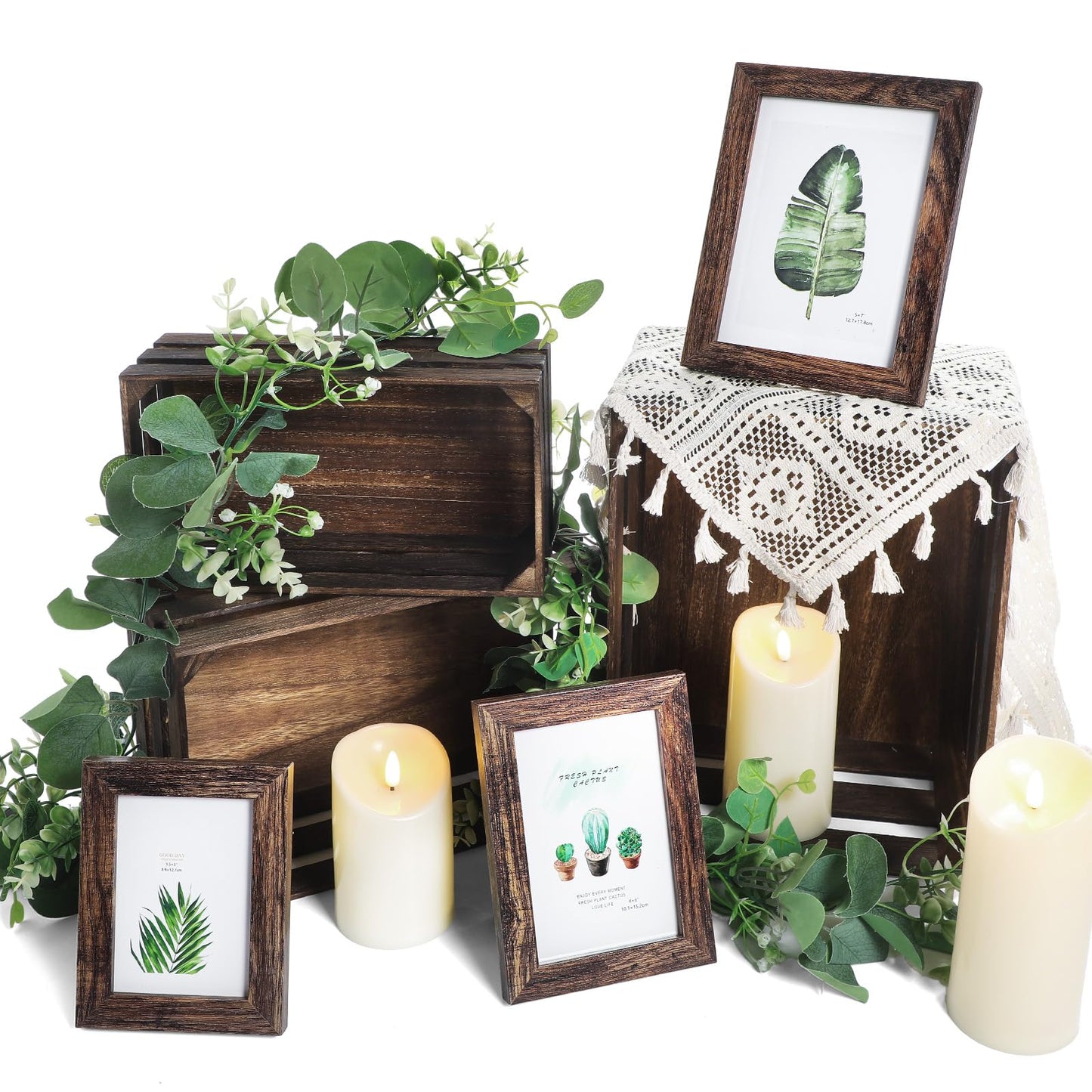 Yuntau 11 Pcs Rustic Nesting Wedding Decoration Farmhouse Wood Crates for Display Decorative Storage Baskets with Candles for Bridal Shower Birthday Party Centerpiece(Brown)