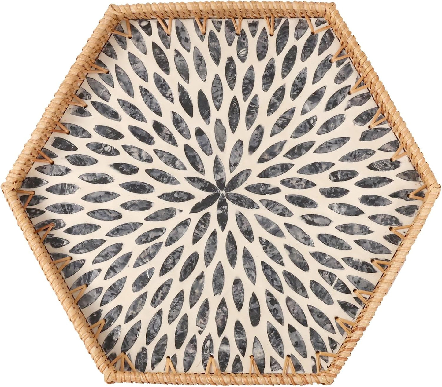 14.5"12.8") Hexagon Rattan Tray with Mother of Pearl Inlay, Rattan Serving Tray for Coffee, Bread, Fruits, Snacks