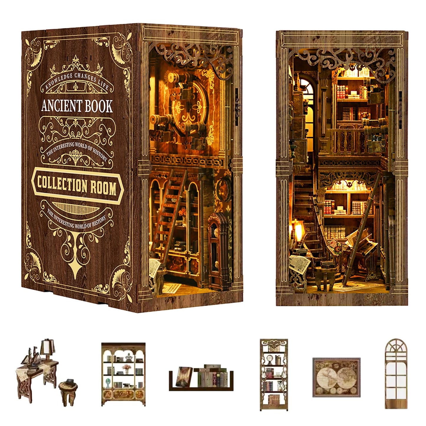 Book Nook Kit - DIY Miniature House Kit for Adults and Teens, 3D Wooden Puzzle Book Nook Craft Bookshelf Decor, Gifts for Birthday Father's Day, Ancient Books Collection Room