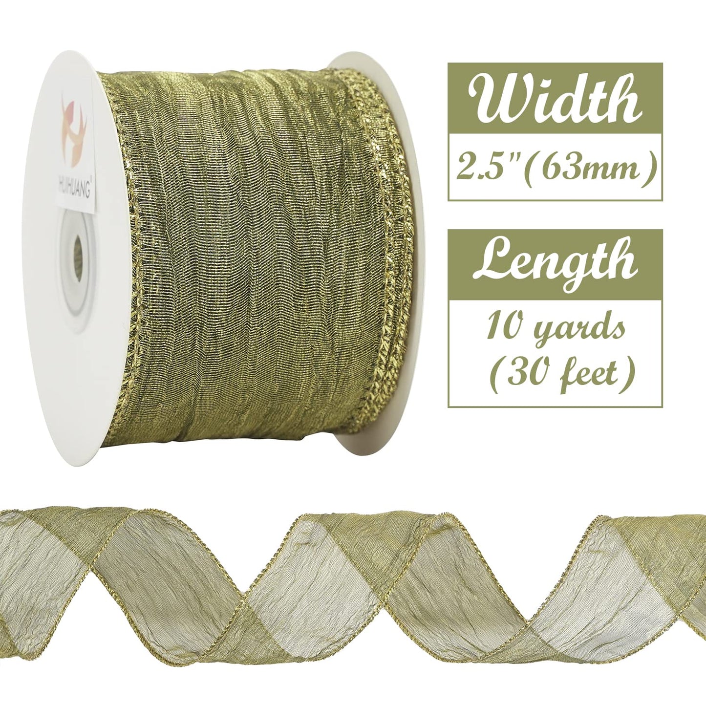 HUIHUANG Moss Green Wired Ribbon 2.5 inch Green Crinkled Silk with Gold Metallic Christmas Ribbon for Wreath Supplies Wedding Holiday Christmas Tree Decor Swags Gift Wrapping -10 Yards
