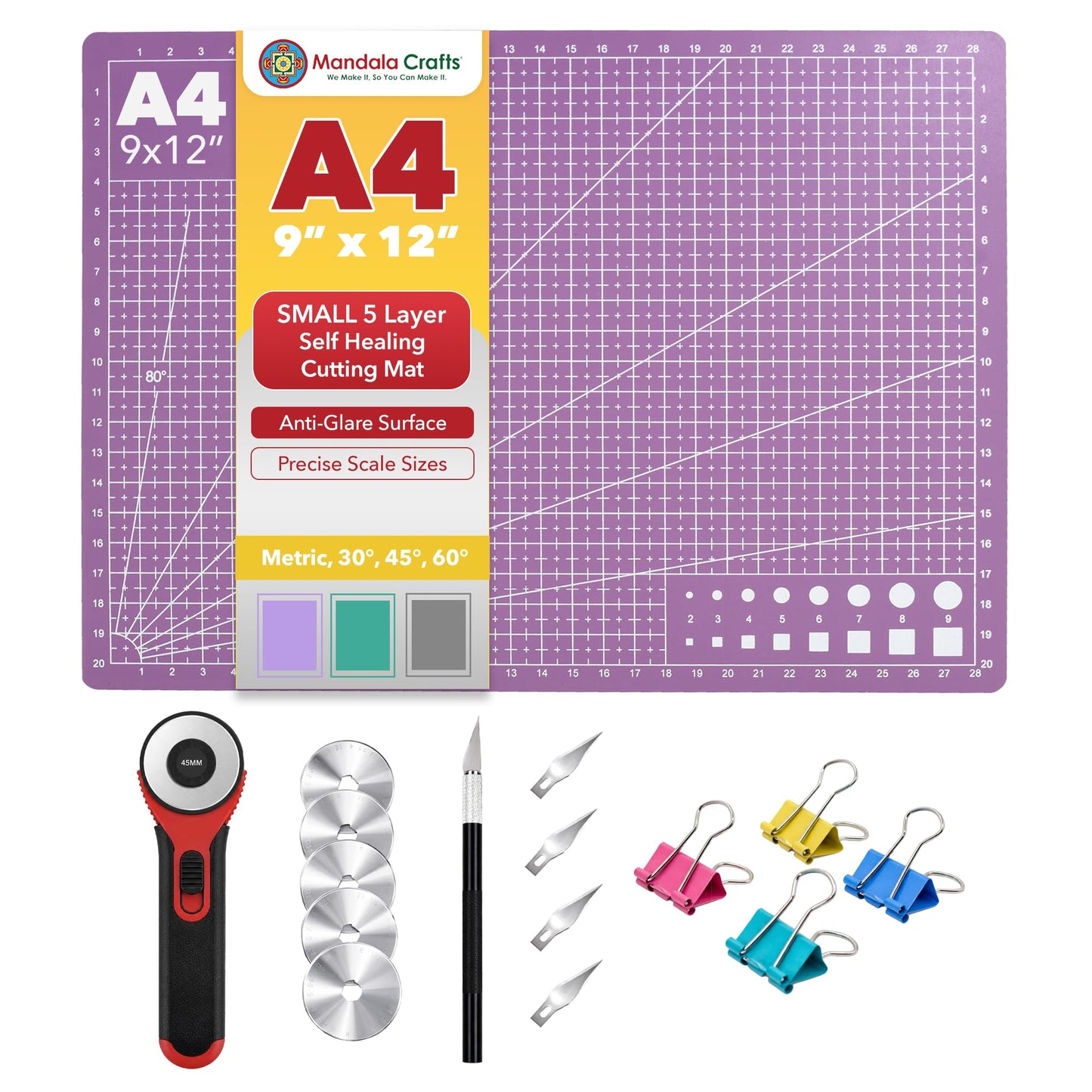 Mandala Crafts Self-Healing Cutting Mat Set – 9" x 12" A4 Purple Pink Double-Sided 5-Ply Mat with Fabric Cutter, Quilt Ruler & Craft Knife for Sewing, Quilting, Leather & Scrapbooking