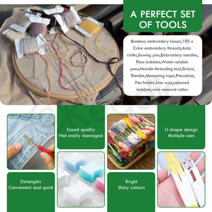 Keadic 222Pcs Embroidery Kit with Instructions Contains 100 Colors Threads, Embroidery Hoops, Sewing Pins, Floss Bobbins and Cross Stitch Tools, Hand Embroidery Starter Kit for Adults Beginners