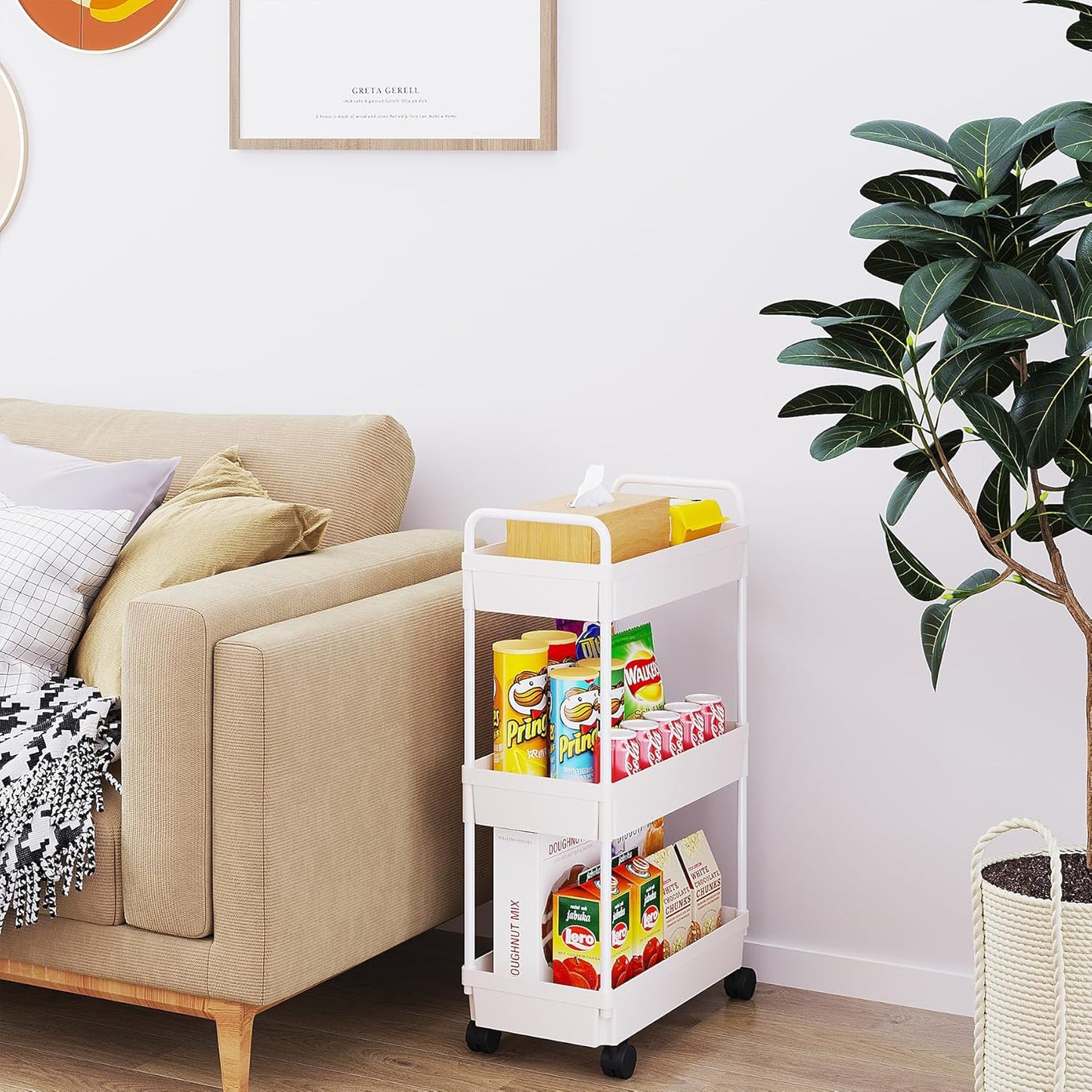 Rolling Storage Cart | 3 Tier Organizer Mobile Shelving Unit with Wheels for Kitchen, Bathroom, Laundry, White