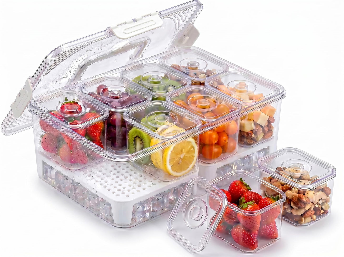 FZBJS Chilled Snackle Box Container with Ice Tray - 8 Compartment Serving Tray with Lid & Handle, Leak-Proof & Odor-Free Snack Box, Portable Cold Food Platter for Picnic, Party, Travel, Road Trip