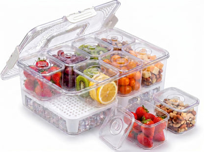 FZBJS Chilled Snackle Box Container with Ice Tray - 8 Compartment Serving Tray with Lid & Handle, Leak-Proof & Odor-Free Snack Box, Portable Cold Food Platter for Picnic, Party, Travel, Road Trip
