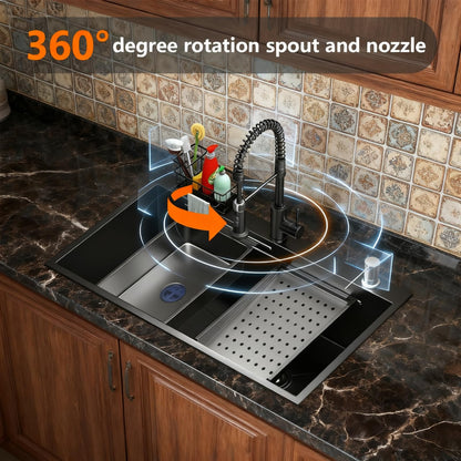 30 Inch Black Drop-In Stainless Steel Kitchen Sink: Single Bowl Deep Scratch Resistant 16 Gauge Workstation with Faucet & Accessories Combo for Family Kitchen