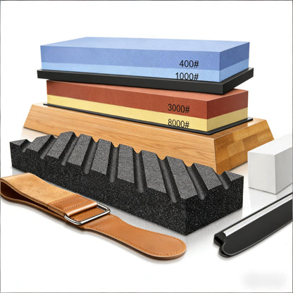 Dual Grit Whetstone 400/1000 3000/8000 Knife Sharpener with Leather Strop, Flattening Stone, Bamboo Base, 3 Non-slip Rubber Bases & Angle Guide | Perfect for Chef
