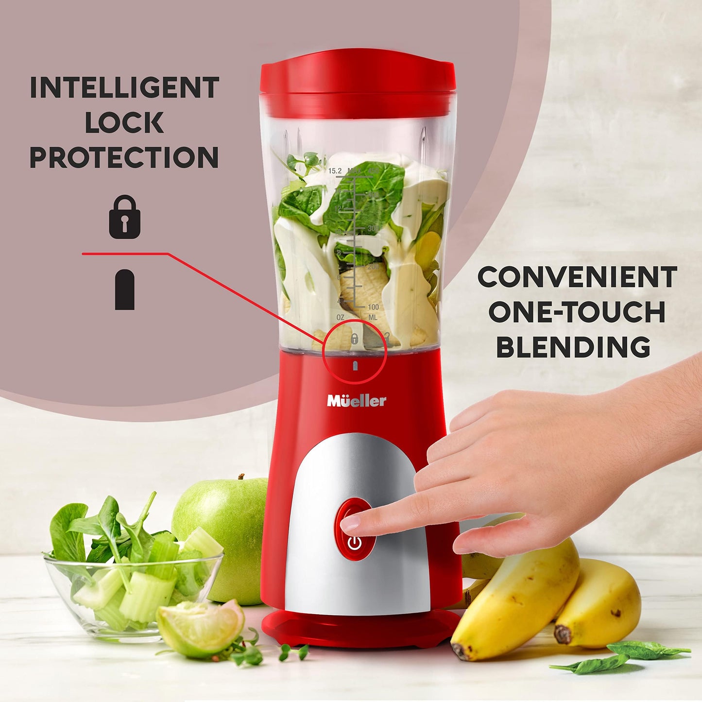 Mueller Smoothie Blender for Smoothies - Personal Blender for Shakes, Frozen Drinks, Baby Food & More, 15oz Travel Cup and Lid, Durable Stainless Steel Blades for Powerful Blending Performance, Black
