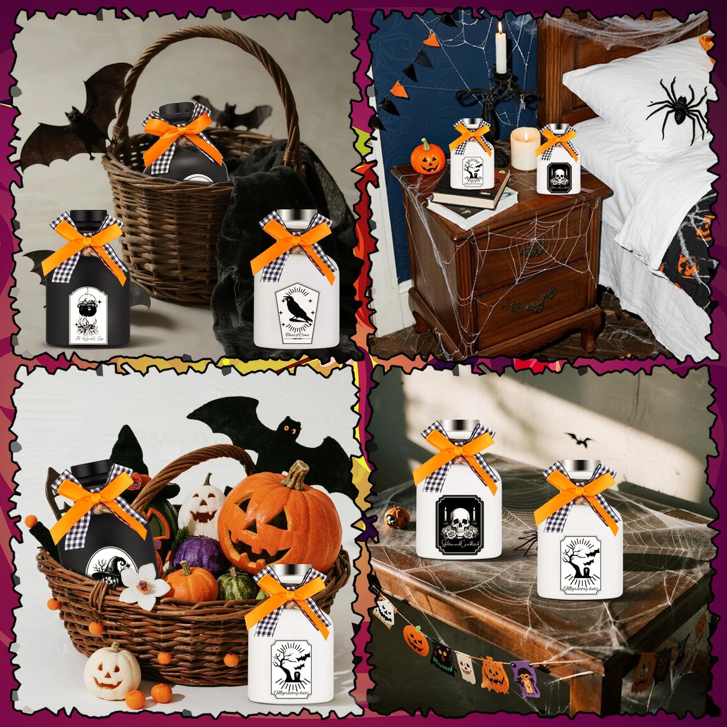 Acellegic 6 Pcs Potion Bottles Halloween Decoration Ceramic Apothecary Bottles Potion Jars with 6 Styles Scary Stickers Halloween Decorations for Tiered Tray Home Table Party Decoration