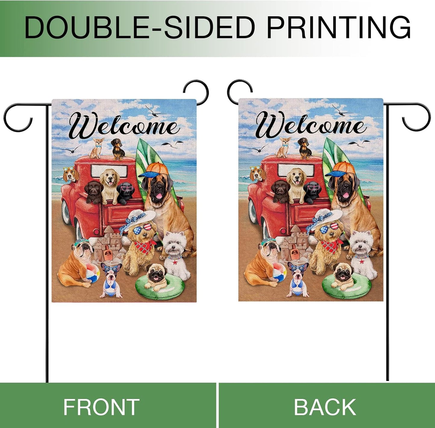 Welcome Summer Dogs Red Truck Beach Garden Flag, Double Sided, Ocean Coastal Nautical Decorative Yard Decor