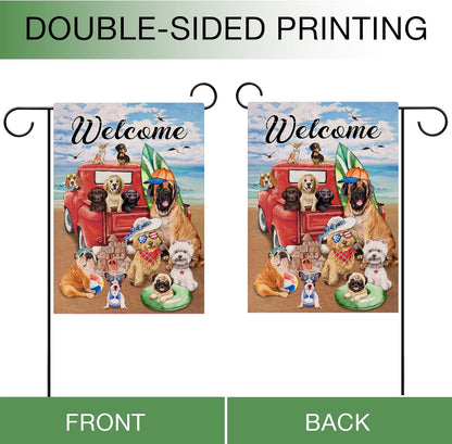 Welcome Summer Dogs Red Truck Beach Garden Flag, Double Sided, Ocean Coastal Nautical Decorative Yard Decor