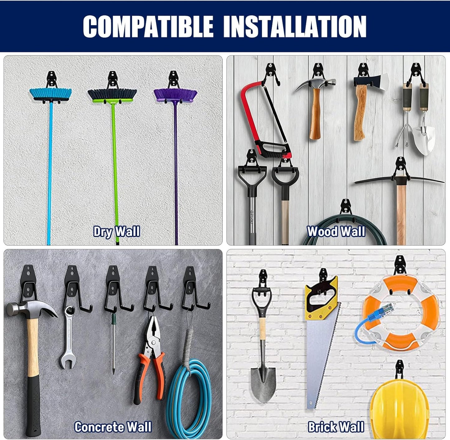 **Garage Wall Hooks by [Brand Name] - 17 Pack Heavy Duty Utility Hooks with 3 Extension Cord Straps for Ladders, Bikes & Tools**