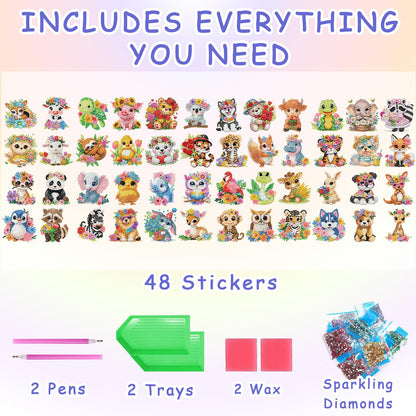 xackcme 48 Pcs Diamond Art Painting Sticker Kits for Kids, Animal Diamond Gem Stickers Kit, 5D Animals Gem Art Stickers Mosaic for Kids Gift for Boys Girls 4-8-10-12 Years Old