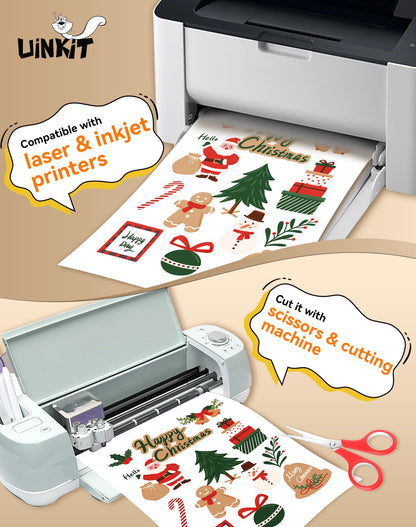 Uinkit Classic Matte Sticker Paper 30 Sheets - Printable Vinyl Sticker Paper for Inkjet & Laser Printers, Waterproof Tear-Resistant Decals for Crafts, Labels & Small Projects (8.5"x11")