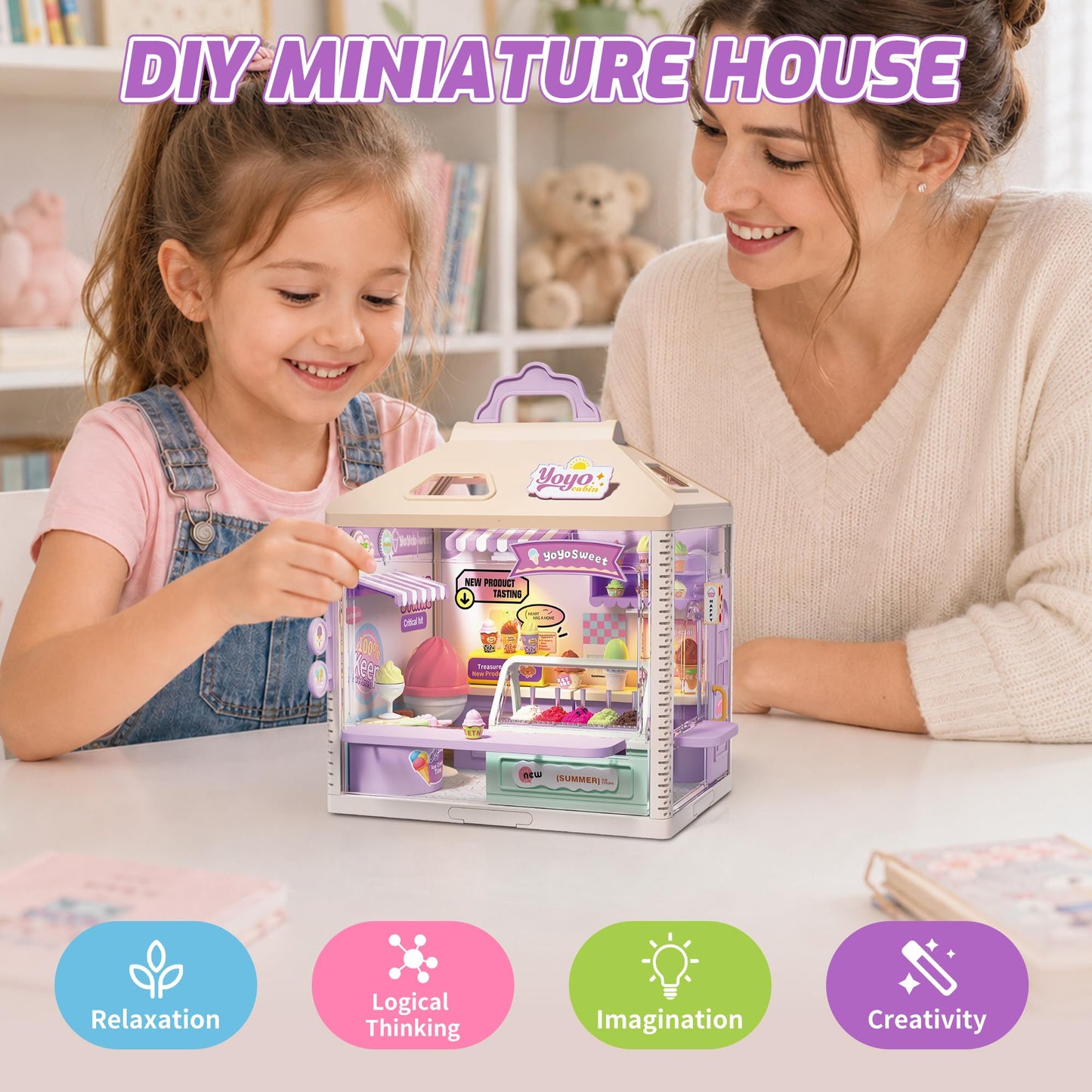 MINDNOOK DIY Miniature House Kit, LED Light-Up Dollhouse, Mini Dollhouse Building Set with Furniture, Craft Hobby Gift for Adults, Teens & Kids Ages 6+ (Ice Cream Shop)