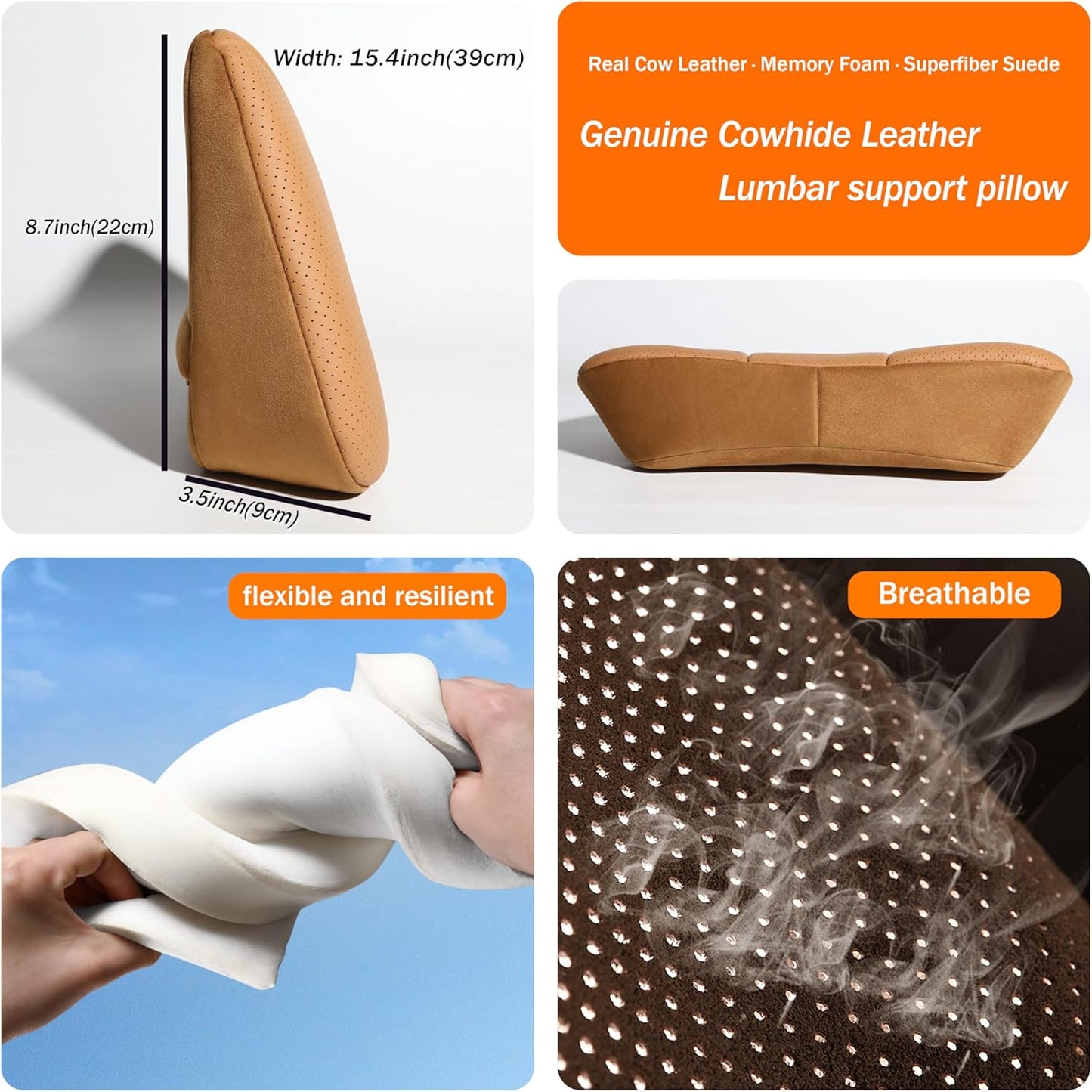 Posture,Portable,15.5''Lx 8.7''H Genuine Leather Lumbar Support Pillow,Back Pain Relief Cushion,fits Tightly Around