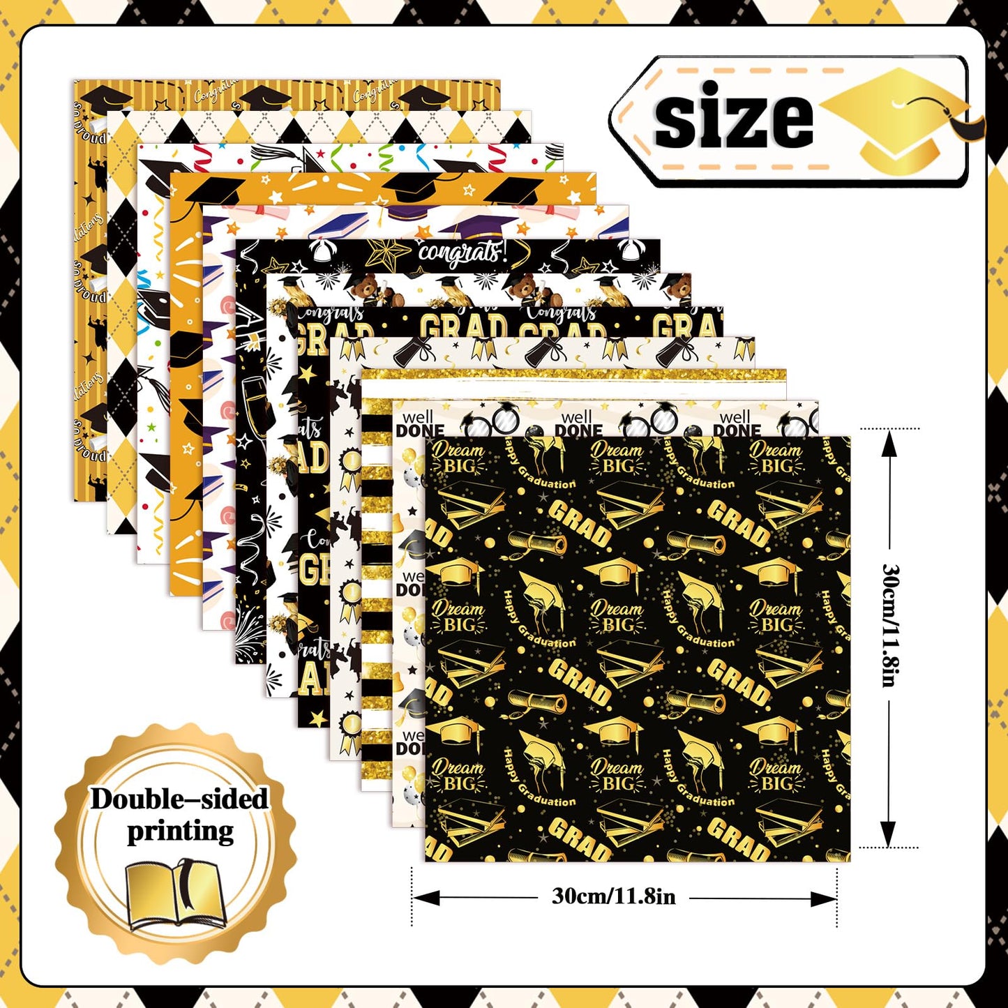 Konsait 24 Sheets Graduation Scrapbook Paper 12x12, Double Sided Grad Patterned Paper Black and Gold Decorative Cardstock Graduation Origami Papers for Card Making Scrapbook Supplies