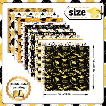 Konsait 24 Sheets Graduation Scrapbook Paper 12x12, Double Sided Grad Patterned Paper Black and Gold Decorative Cardstock Graduation Origami Papers for Card Making Scrapbook Supplies