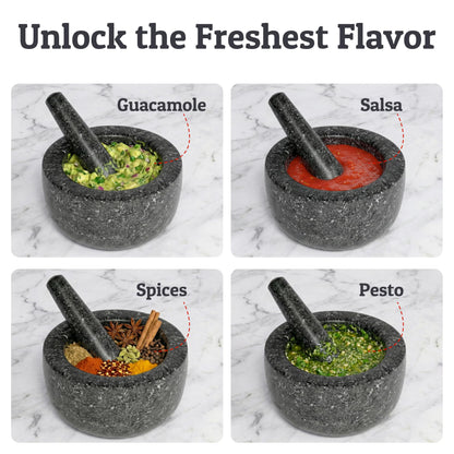 Priority Chef Heavy Duty Mortar and Pestle Set, 1.5 Cup, 100% Granite, Non Slip Base, Make Fresh Guacamole, Salsa, Pesto, Stone Grinder Bowl, Herb Crusher, Spice Grinder, 5.5 Inch - Black