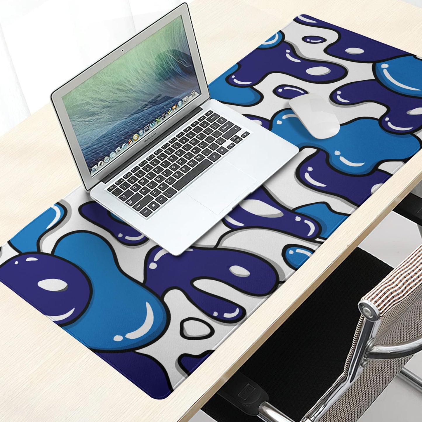 Navy Blue White Gaming Mouse Pad XL 31.5”x11.8” Anime Cool Desk Pad Geometric Japanese Desk Mat Non-Slip Rubber Base Stitched Edge Extended Keyboard PC Computer Pad Gaming for Home Office Work Desktop
