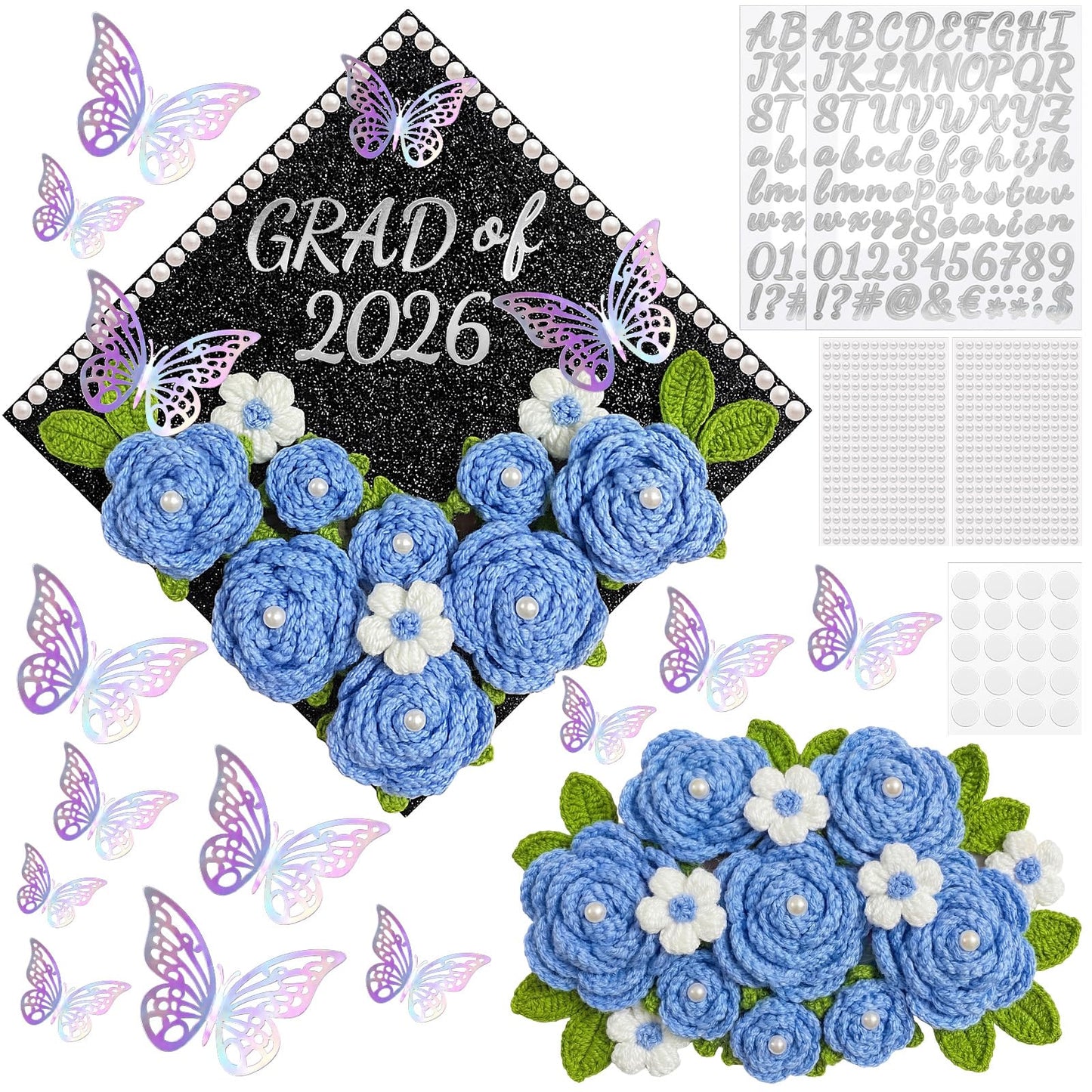 Gersoniel 30 Pcs Crochet Flower Graduation Cap Decoration Kit, Artificial Crochet Rose with Glitter Construction Paper Faux Daisy Pearl Letter Sticker for Grad Hat Topper Cover Craft Gift(Blue)