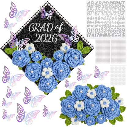 Gersoniel 30 Pcs Crochet Flower Graduation Cap Decoration Kit, Artificial Crochet Rose with Glitter Construction Paper Faux Daisy Pearl Letter Sticker for Grad Hat Topper Cover Craft Gift(Blue)
