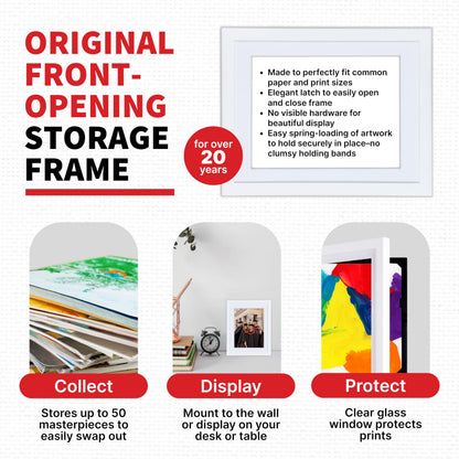 Dynamic Frames Li’l Davinci Art Cabinet, Stores up to 50 Pieces of 8.5 x 11 inch Art, Outer Wooden Frame Dimensions 11.75 x 14.75 inches, Changeable Kids Art Frame, Front Opening, White
